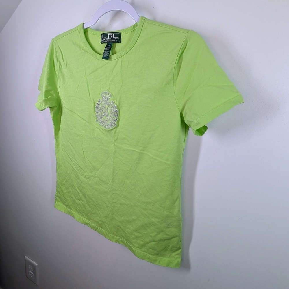 Lauren Ralph Lauren Active Women Lime Green Embroidered Crest Cotton Tee M - Picture 5 of 7